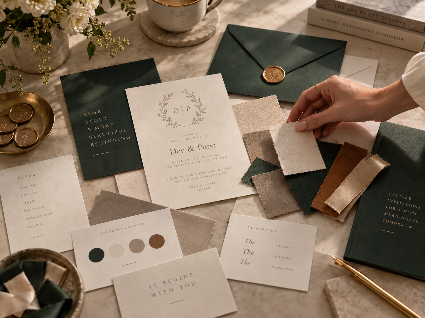 Wedding stationery and invitation materials laid out