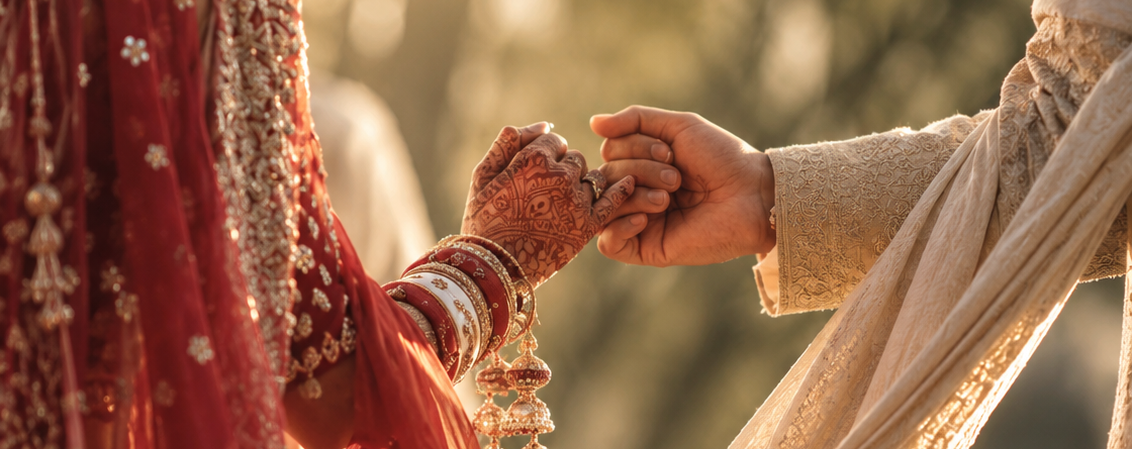 Bride and groom holding hands