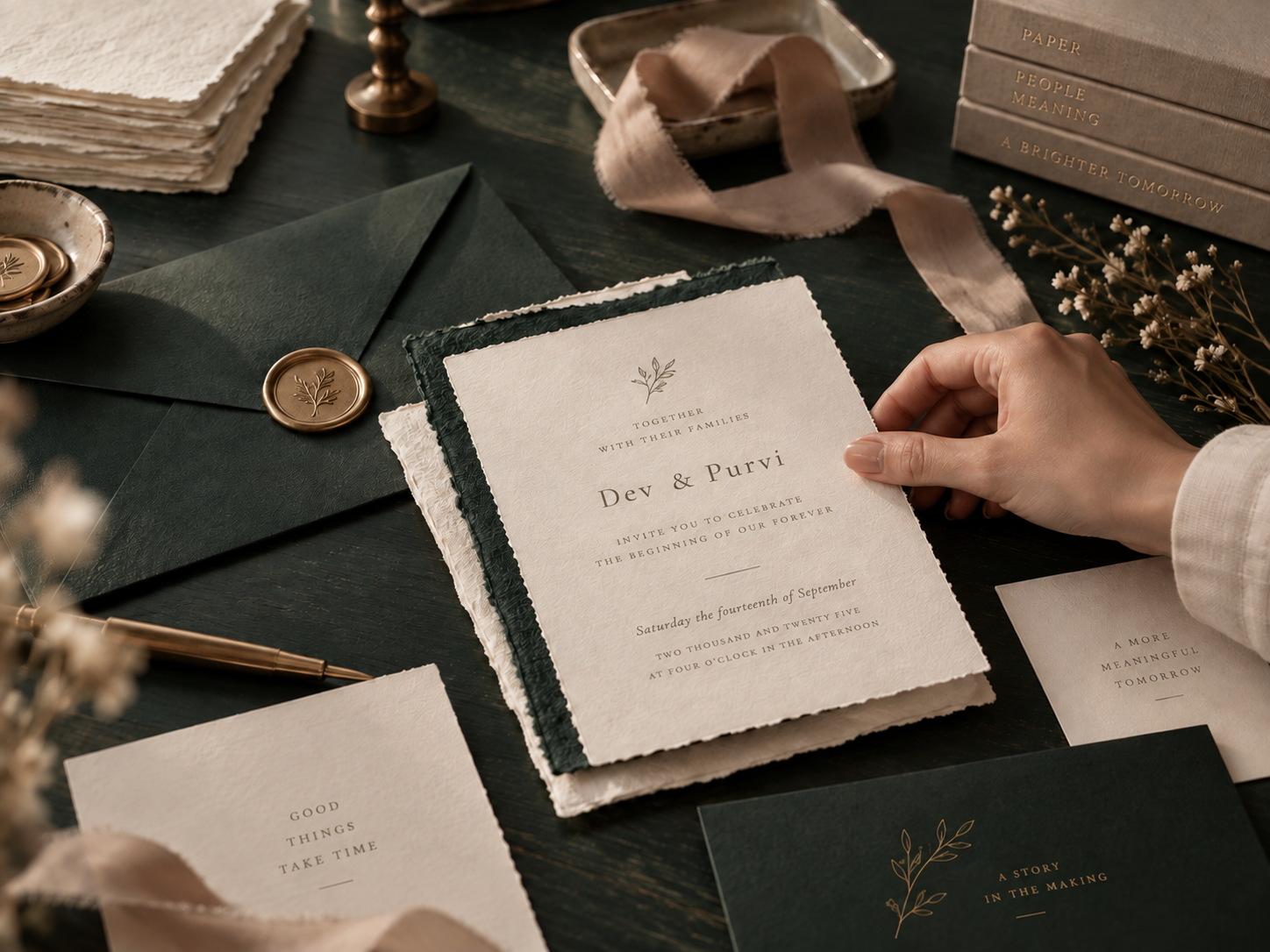 Elegant wedding invitation suite with wax seal and ribbon