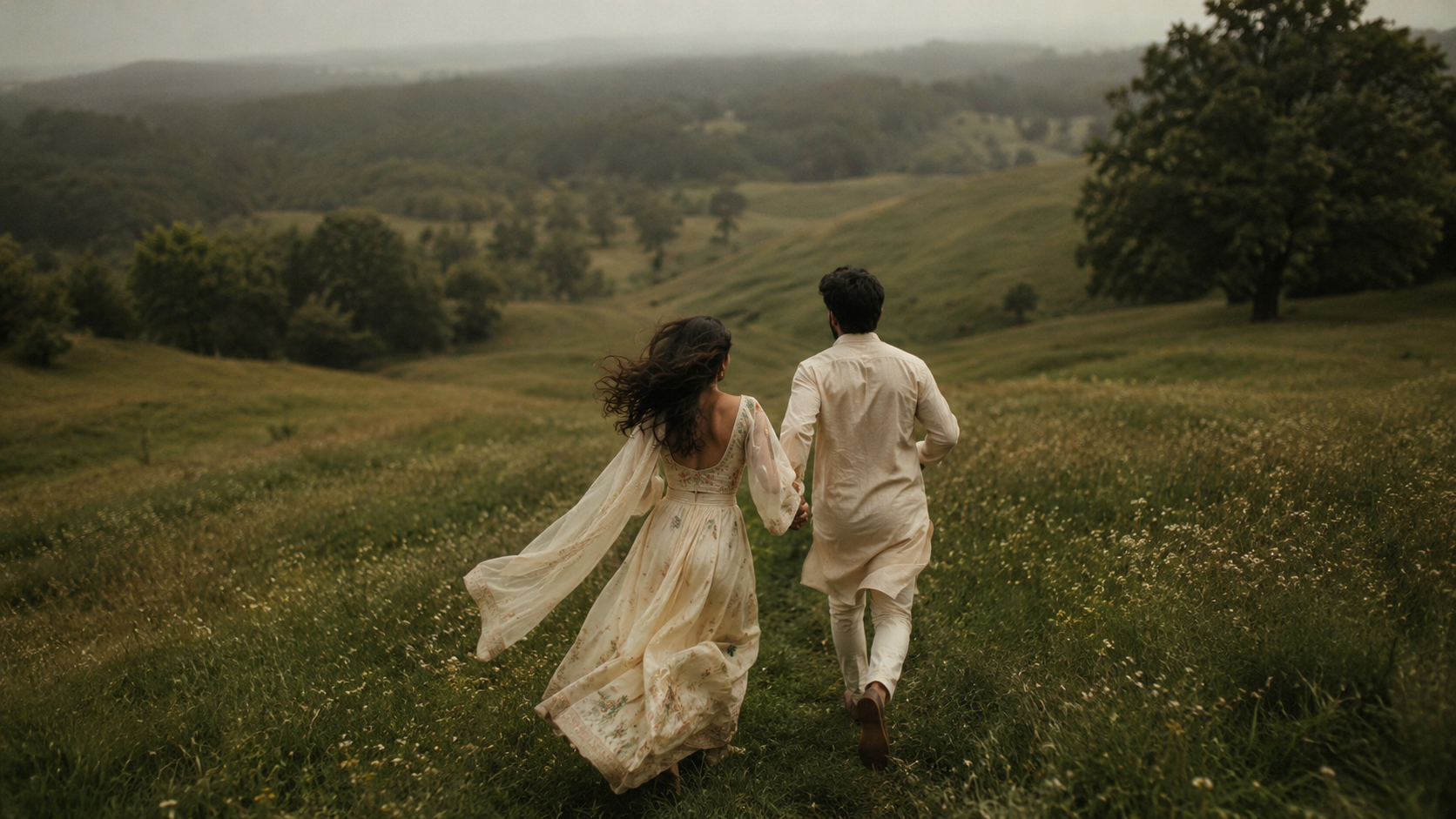 Couple running through a misty meadow on their wedding day